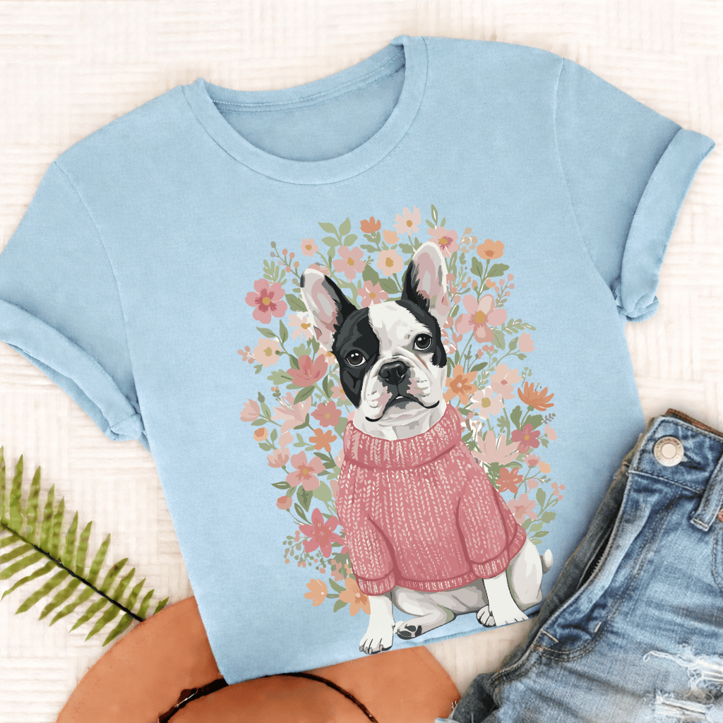 Custom French Bulldog Bouquet Flowers Unisex Tshirt Chambray