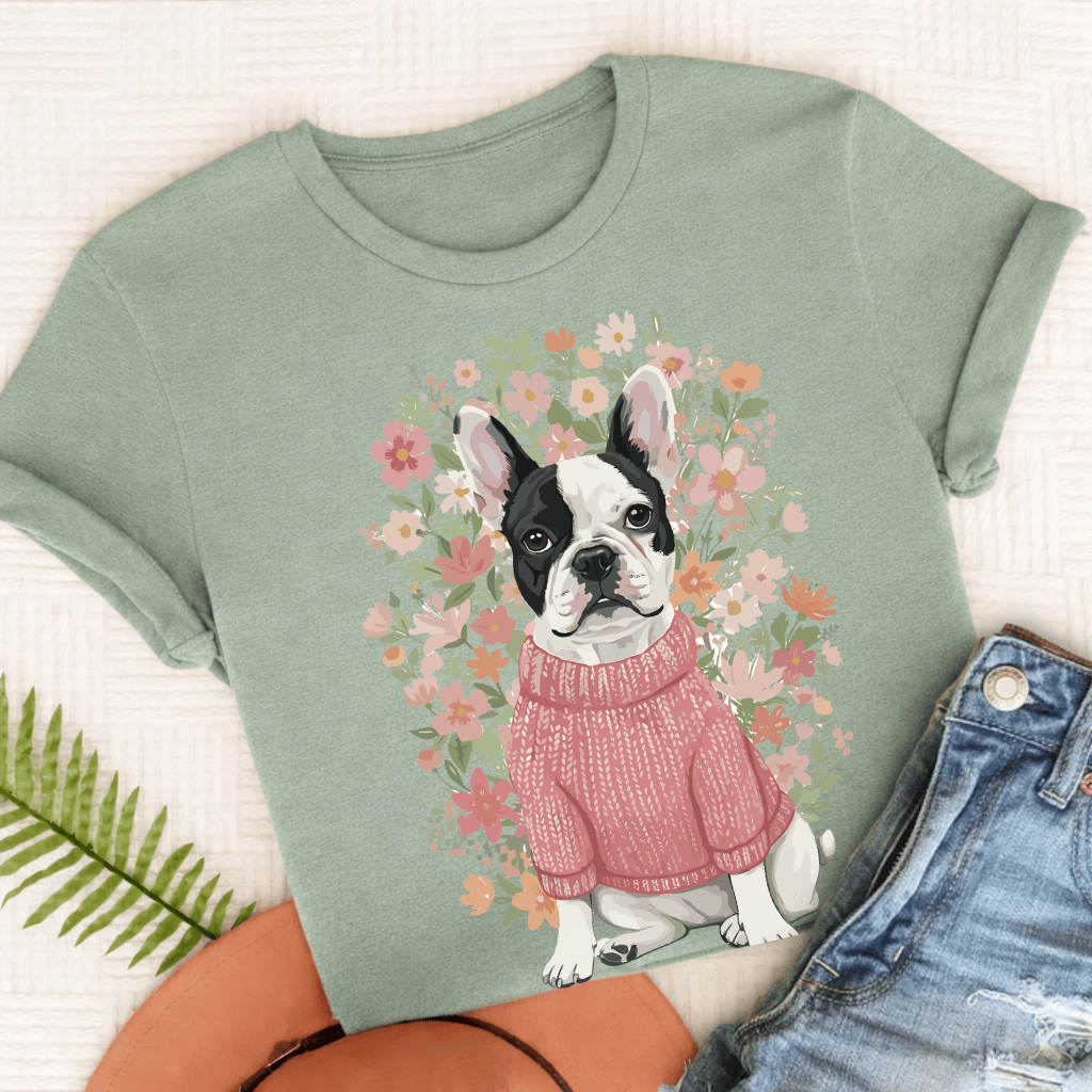 Custom French Bulldog Bouquet Flowers Unisex Tshirt Bay