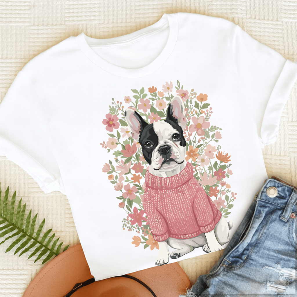 Custom French Bulldog Bouquet Flowers Unisex Tshirt White