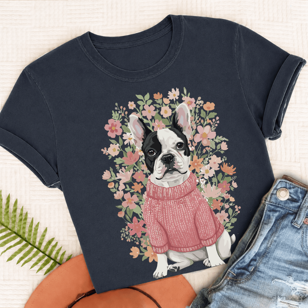 Custom French Bulldog Bouquet Flowers Unisex Tshirt True Navy