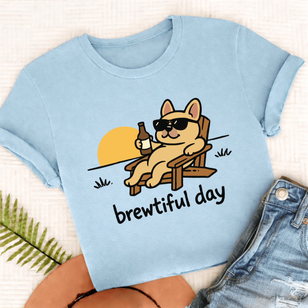 Custom French Bulldog Brewtiful Day Unisex TShirt Comfort Colors Chambray