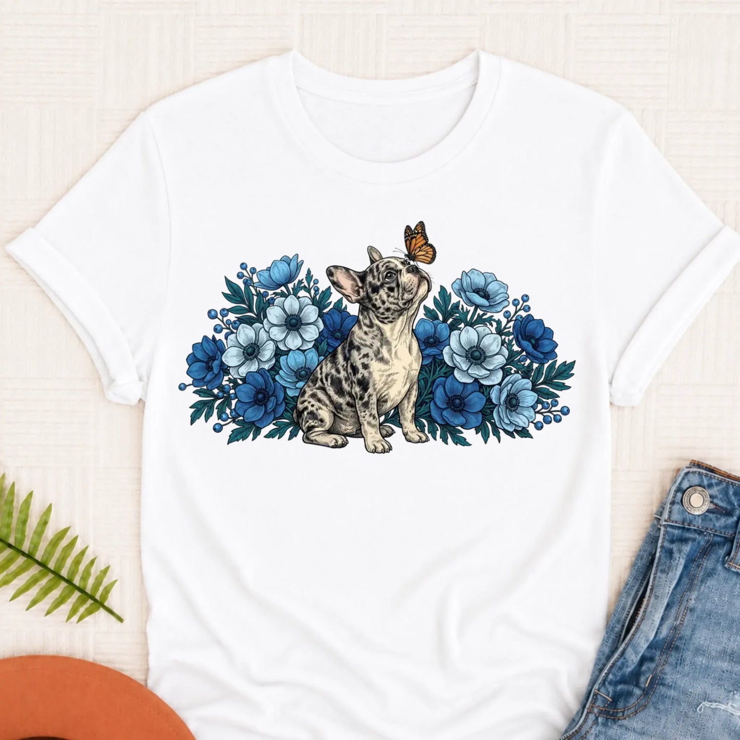 Custom French Bulldog Butterfly Flowers Unisex Tshirt White