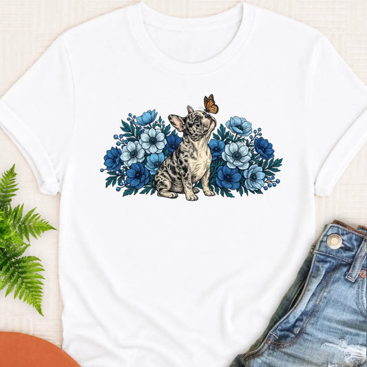 Custom French Bulldog Butterfly Flowers Unisex Tshirt Monster Light 1717 White
