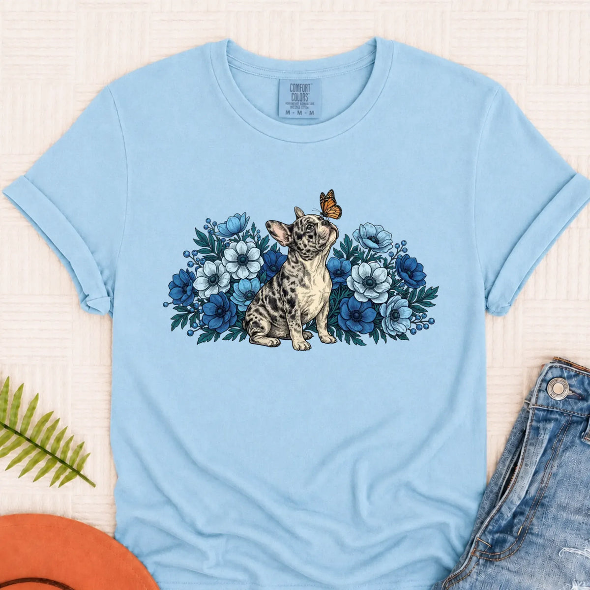 Custom French Bulldog Butterfly Flowers Unisex Tshirt Chambray