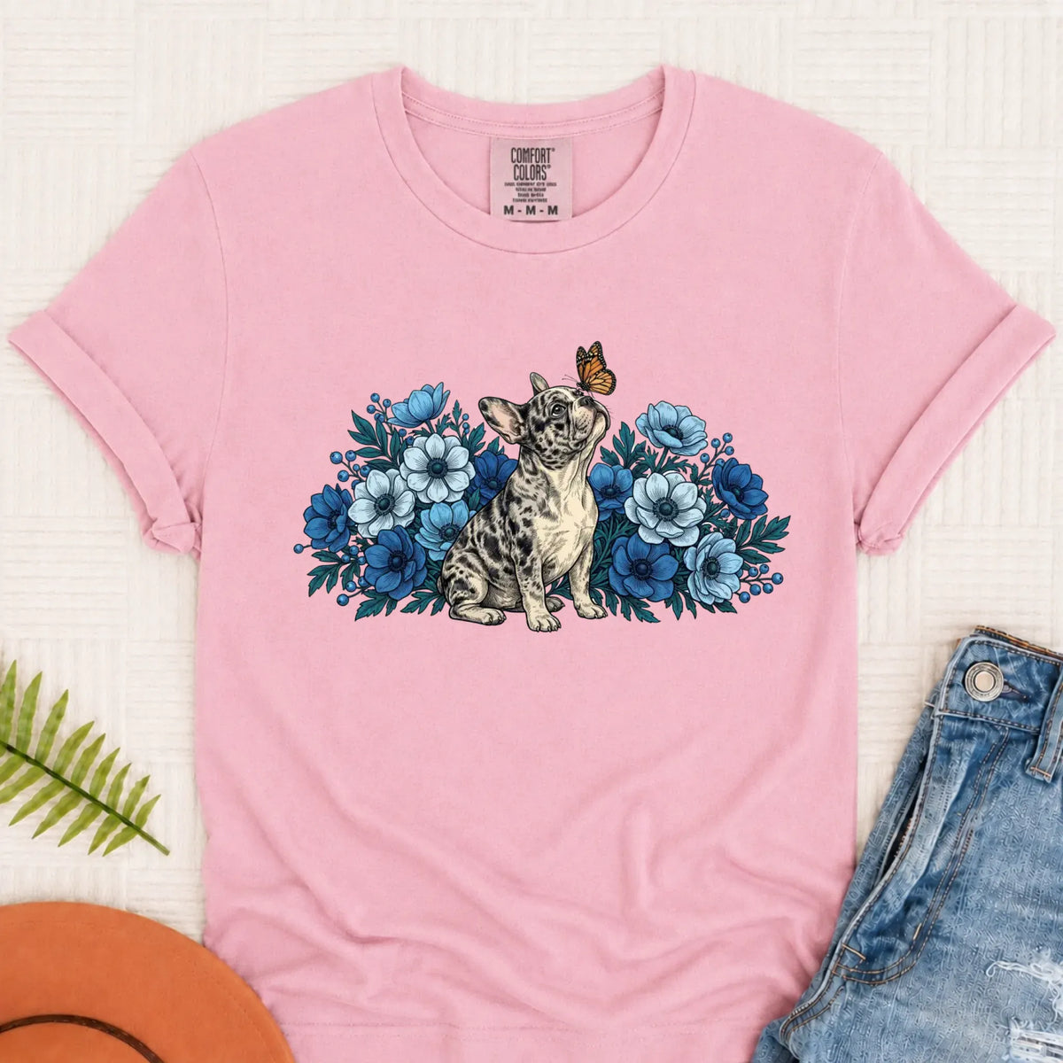 Custom French Bulldog Butterfly Flowers Unisex Tshirt Blossom