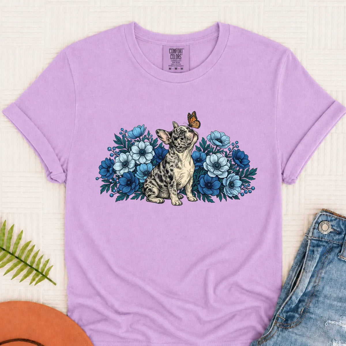 Custom French Bulldog Butterfly Flowers Unisex Tshirt Orchid