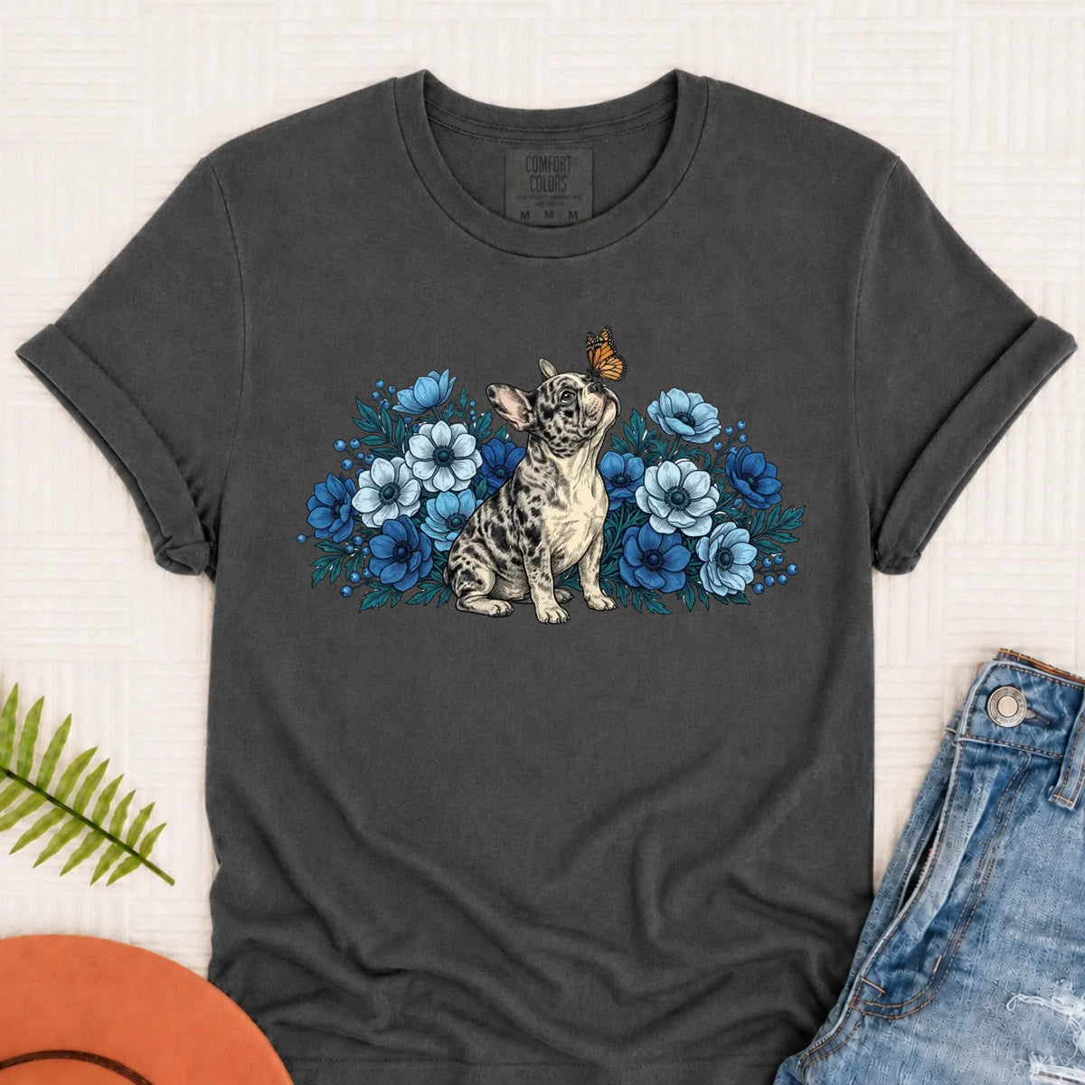 Custom French Bulldog Butterfly Flowers Unisex Tshirt Pepper