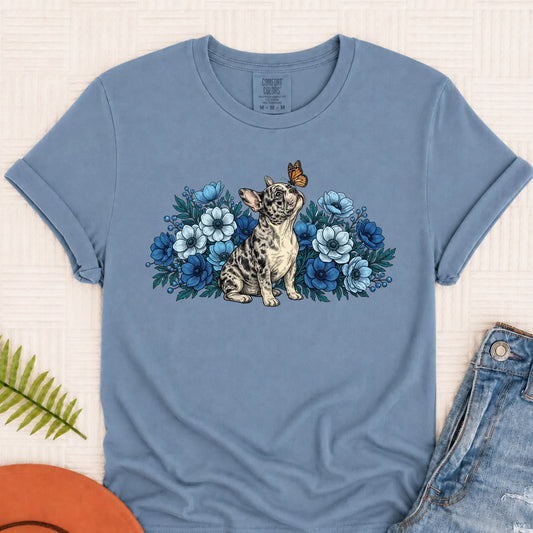 Custom French Bulldog Butterfly Flowers Unisex Tshirt Blue Jean