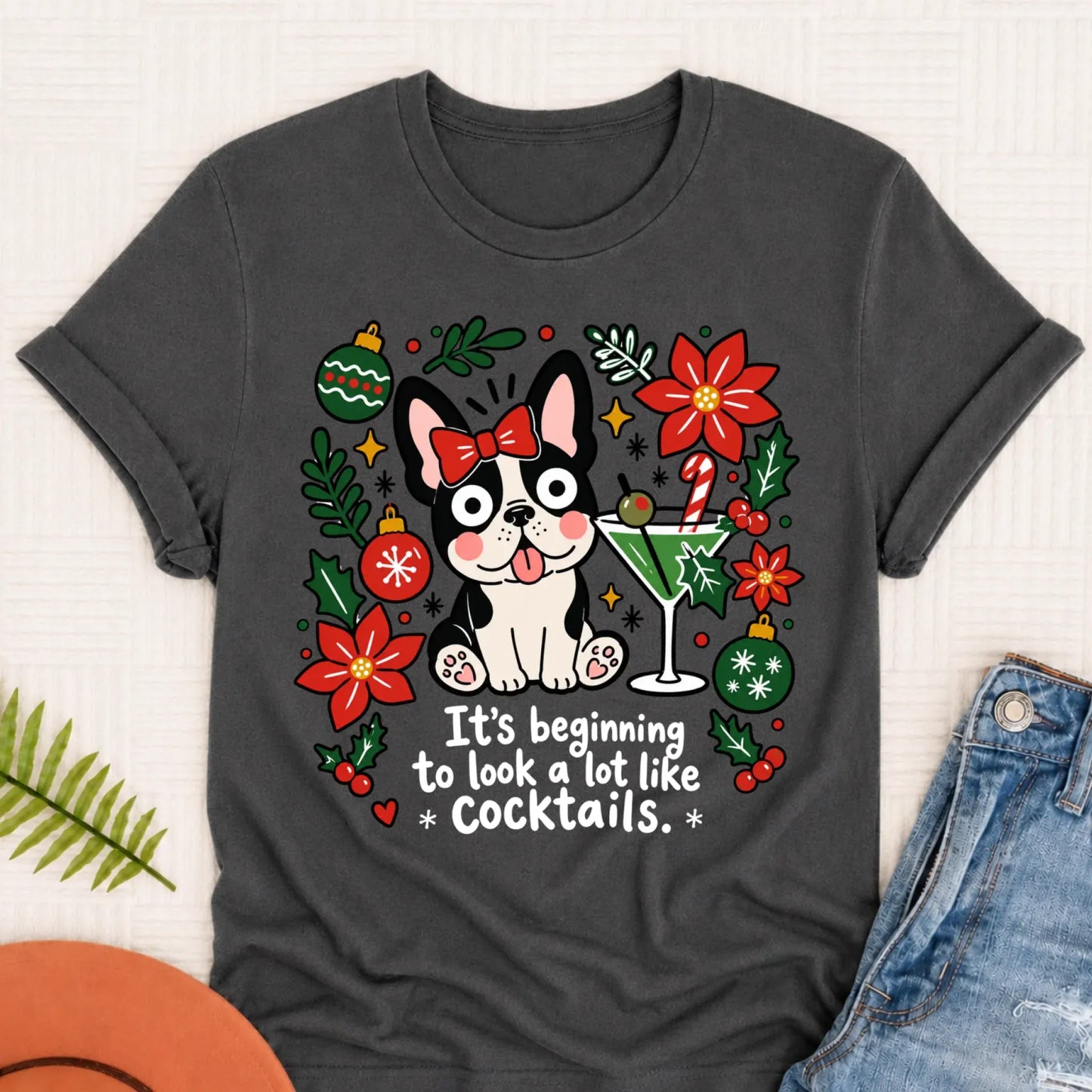 Custom French Bulldog Christmas Cocktails Unisex TShirt Pepper