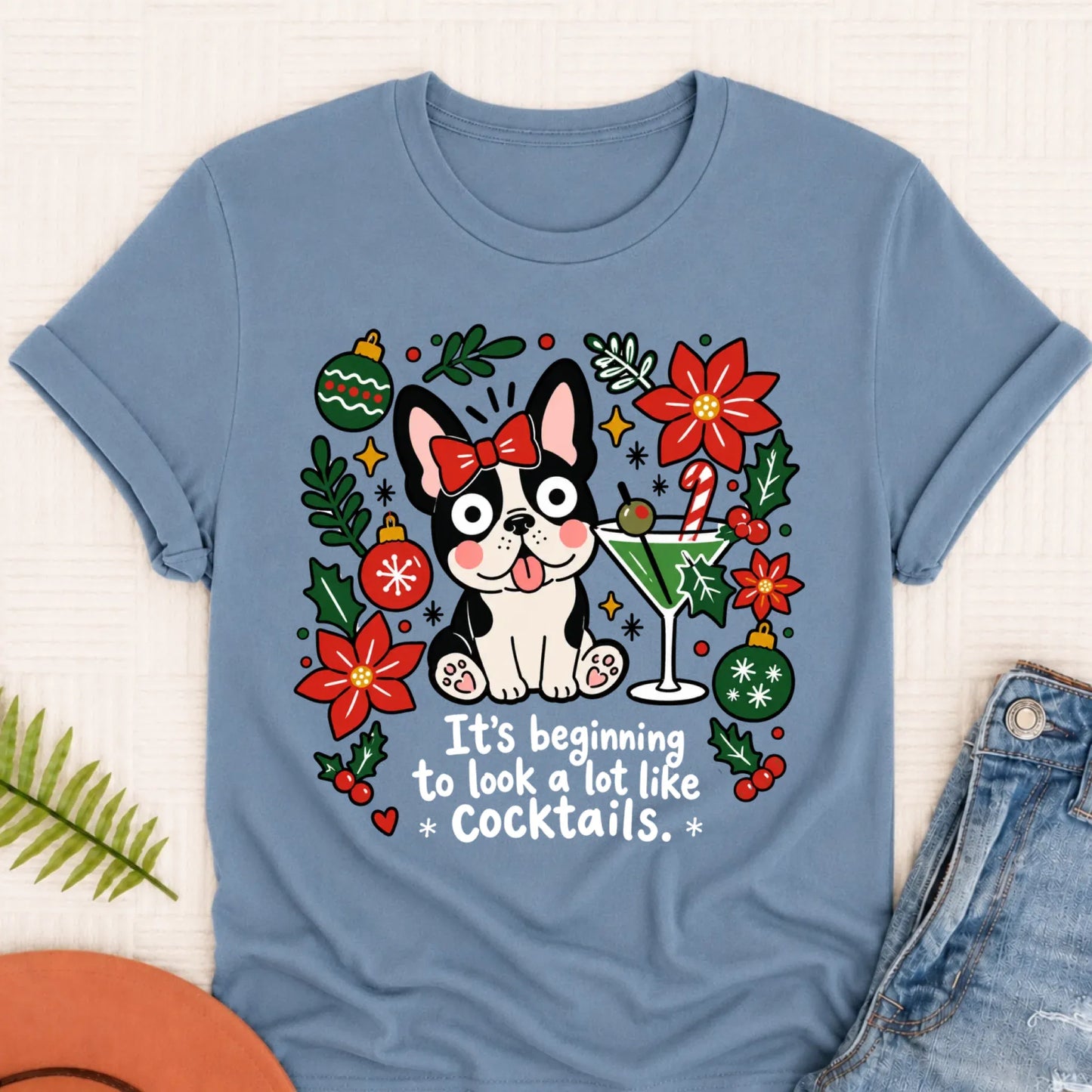 Custom French Bulldog Christmas Cocktails Unisex TShirt Blue Jean