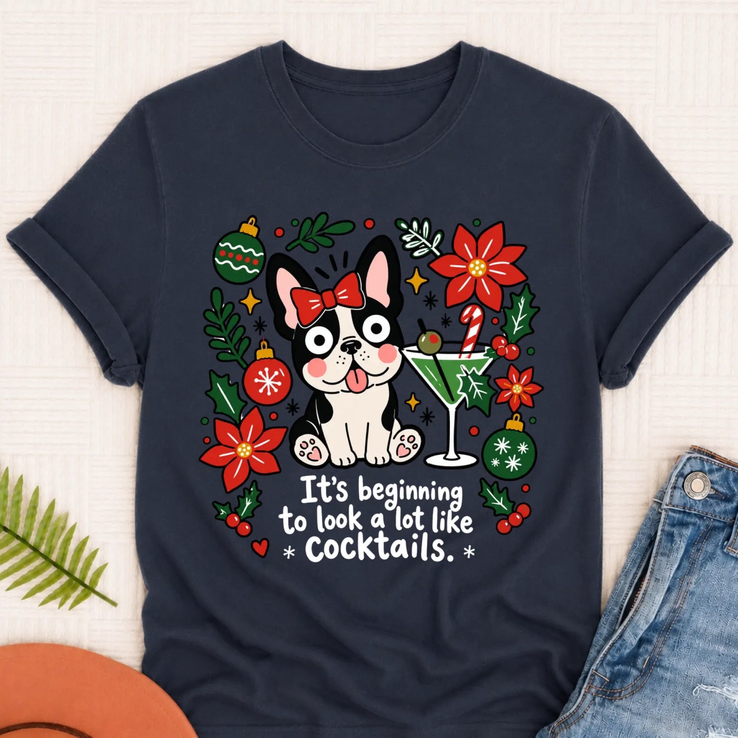 Custom French Bulldog Christmas Cocktails Unisex TShirt Navy