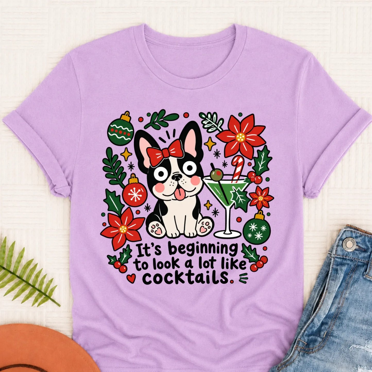 Custom French Bulldog Christmas Cocktails Unisex TShirt Orchid