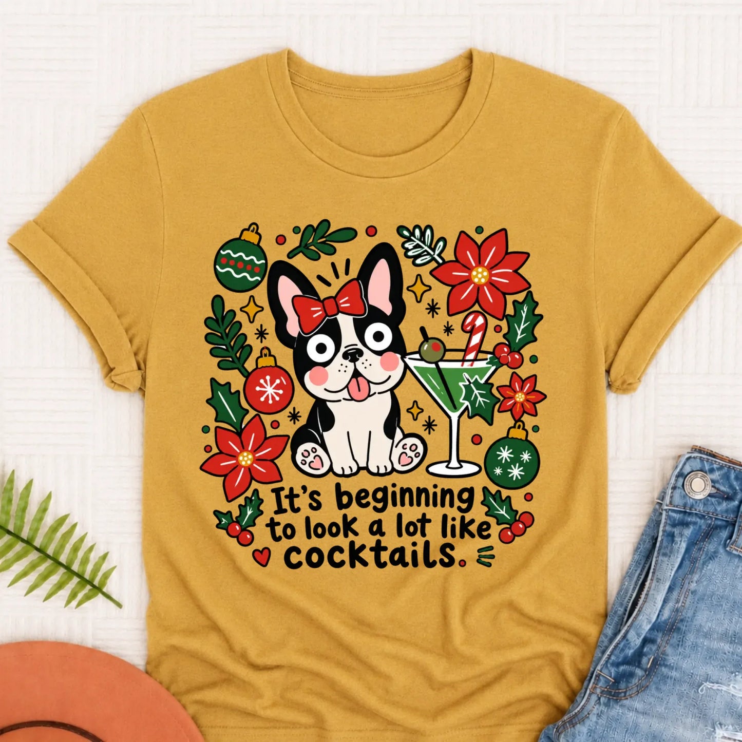 Custom French Bulldog Christmas Cocktails Unisex TShirt Mustard