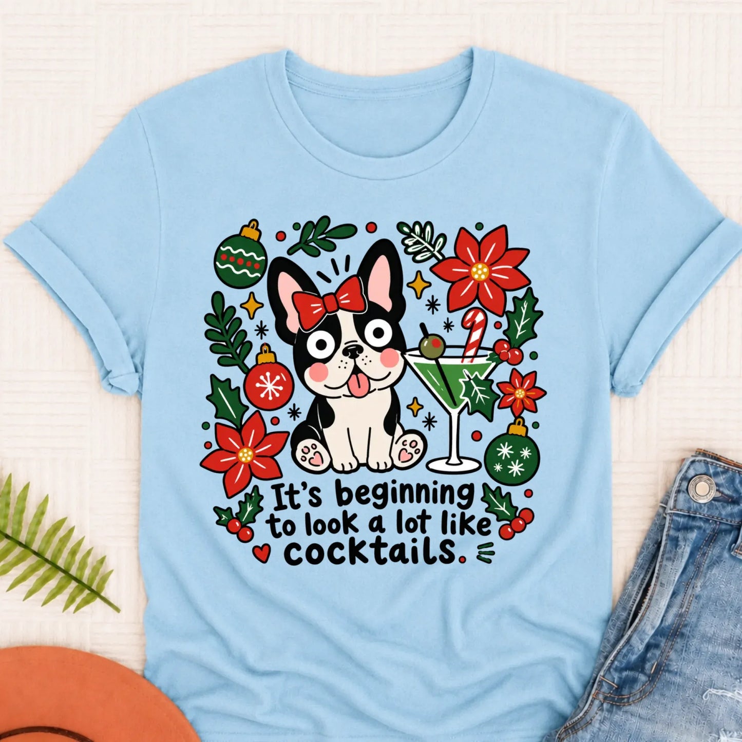 Custom French Bulldog Christmas Cocktails Unisex TShirt Chambray