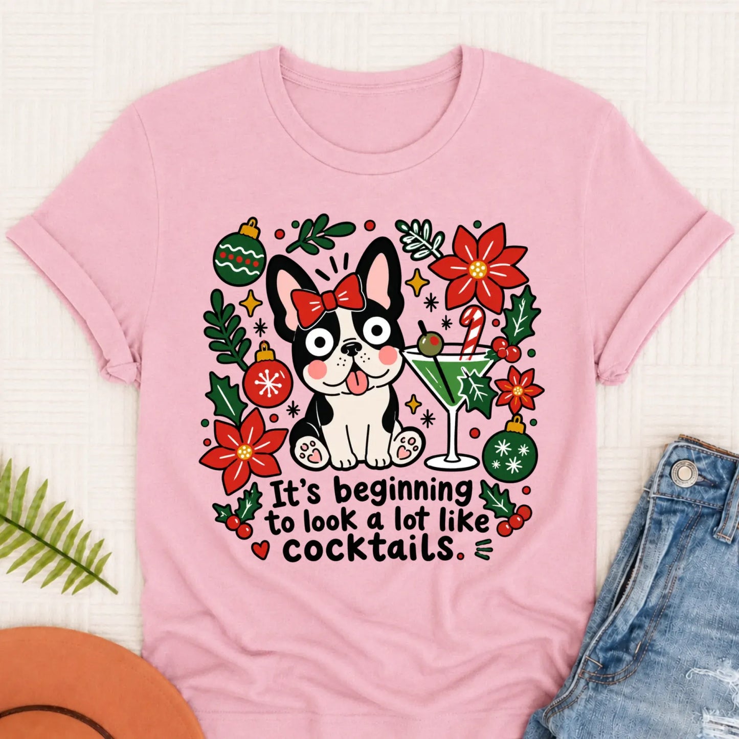 Custom French Bulldog Christmas Cocktails Unisex TShirt Blossom
