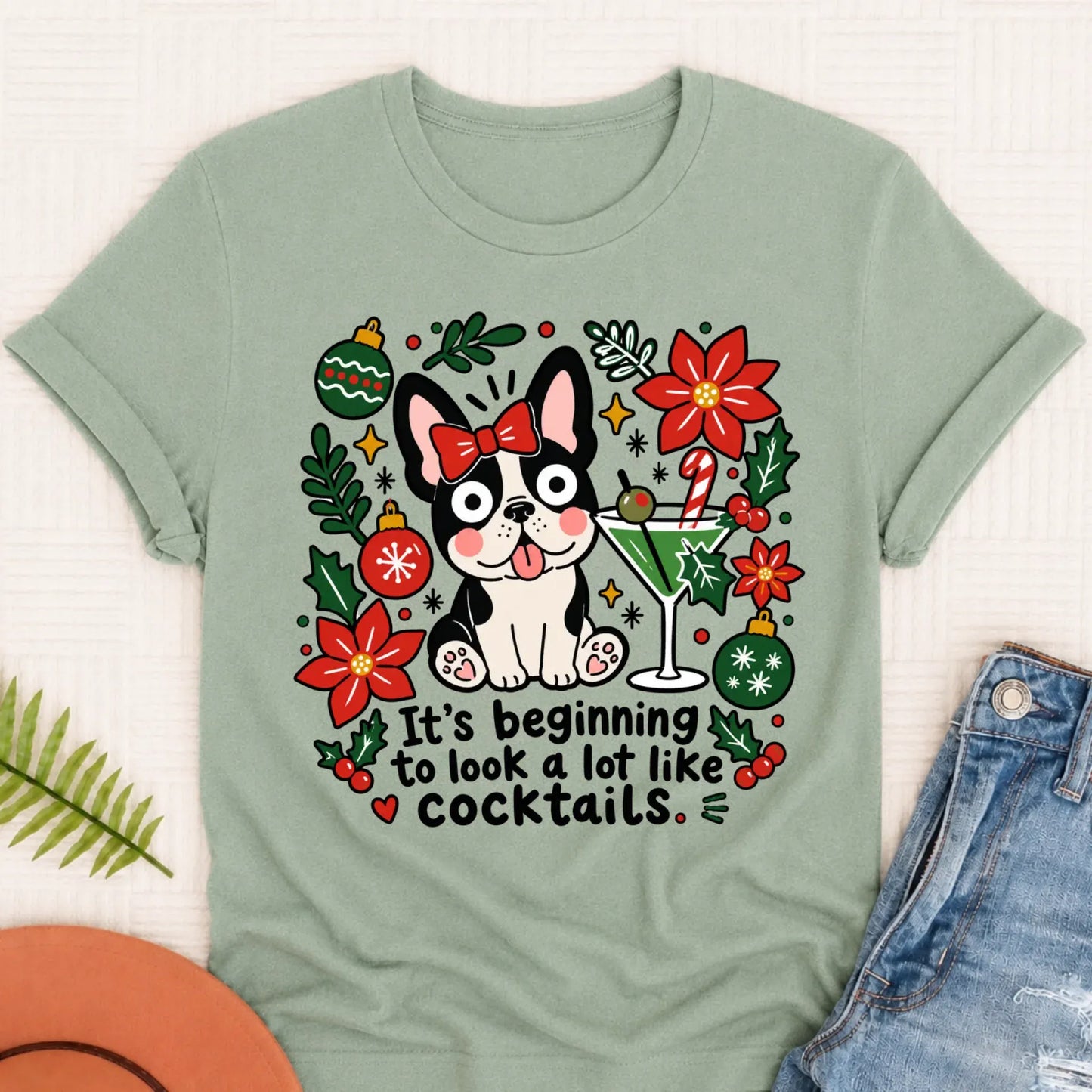 Custom French Bulldog Christmas Cocktails Unisex TShirt Bay