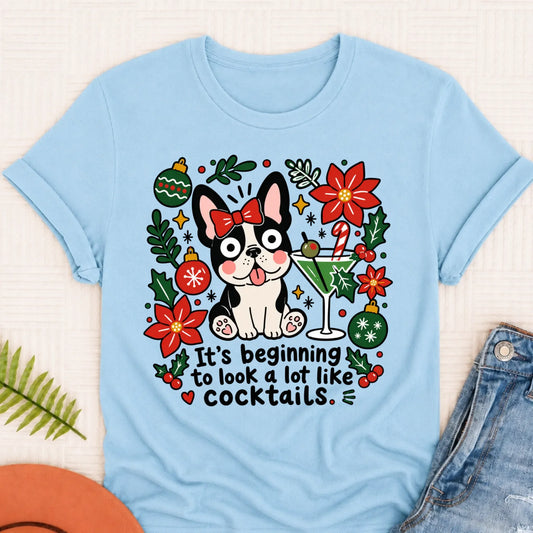 Custom French Bulldog Christmas Cocktails Unisex TShirt Chambray