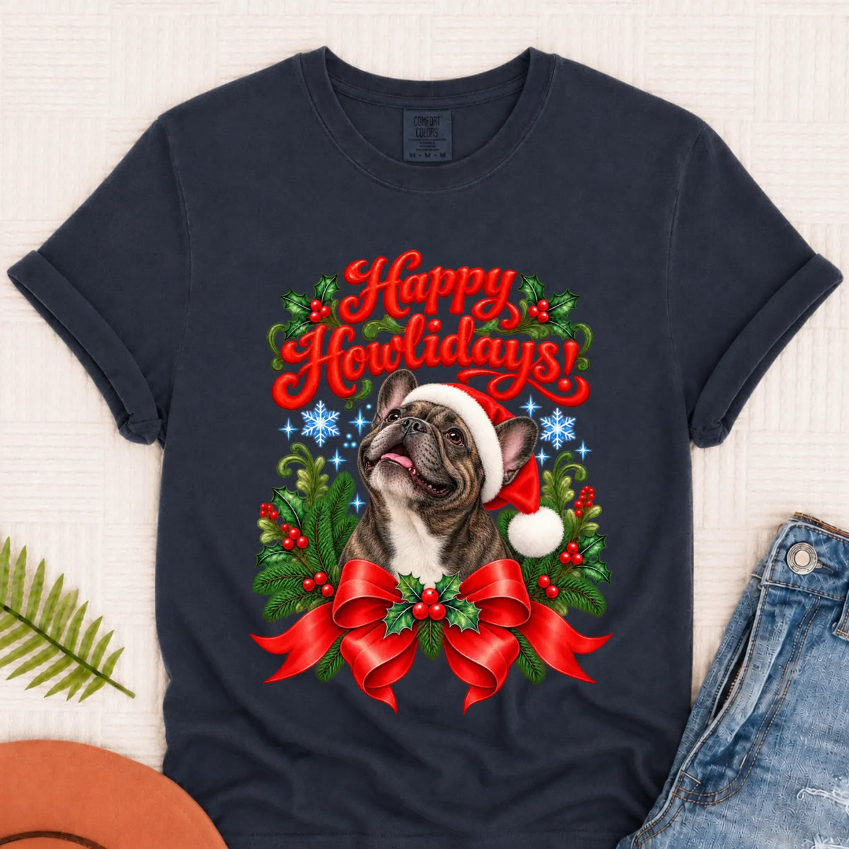 Custom French Bulldog Christmas Howlidays Unisex TShirt Navy