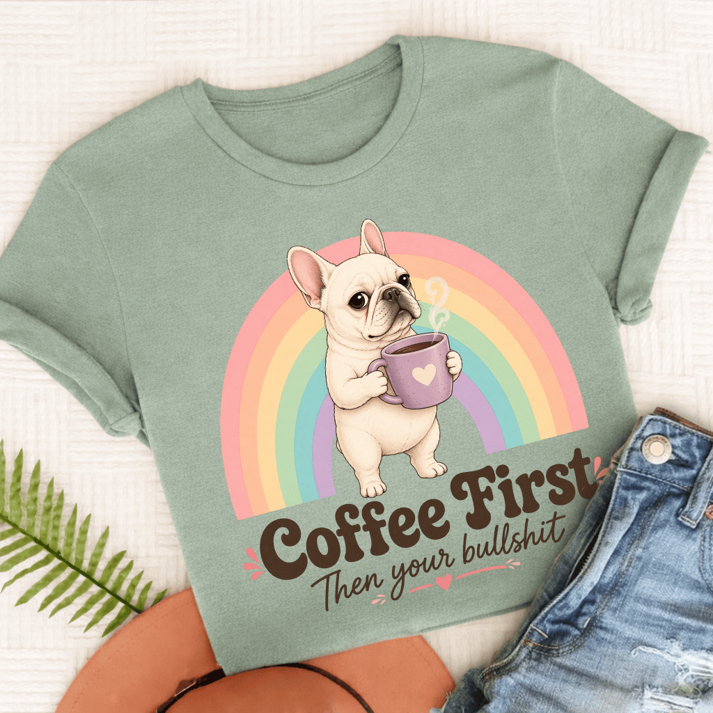 Custom French Bulldog Coffee First Unisex TShirt Bay