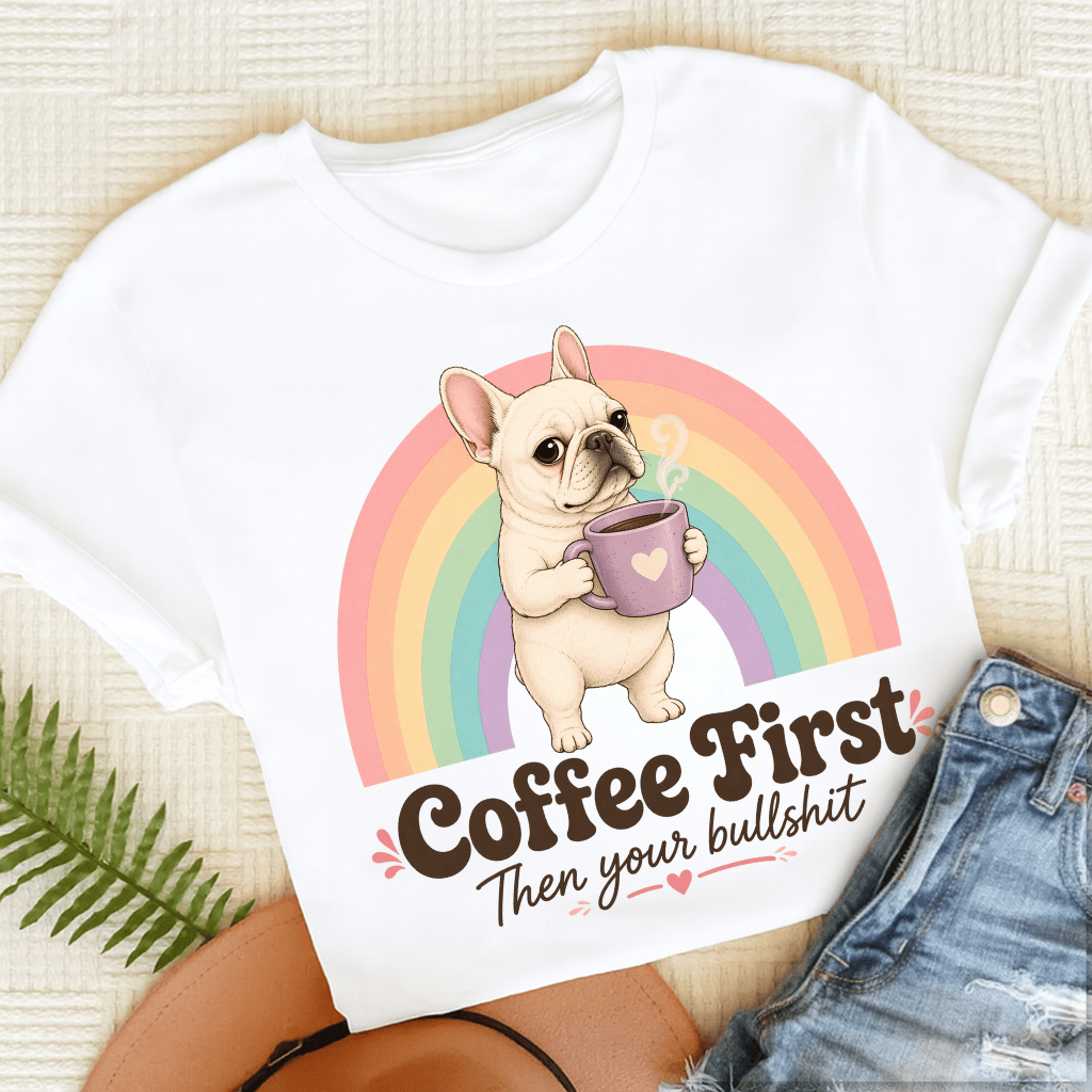 Custom French Bulldog Coffee First Unisex TShirt White