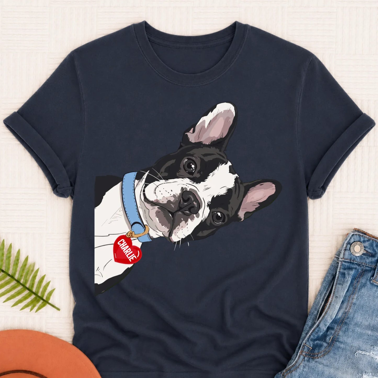 Custom French Bulldog Curious Unisex Tshirt Navy
