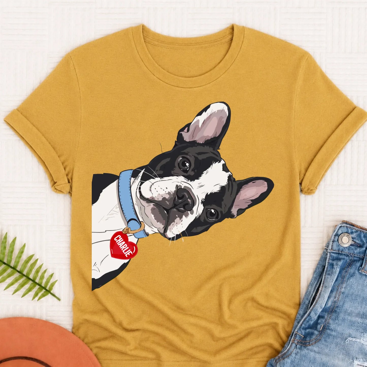Custom French Bulldog Curious Unisex Tshirt Mustard