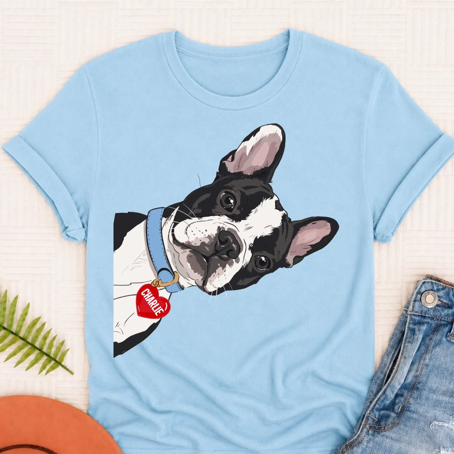 Custom French Bulldog Curious Unisex Tshirt Chambray