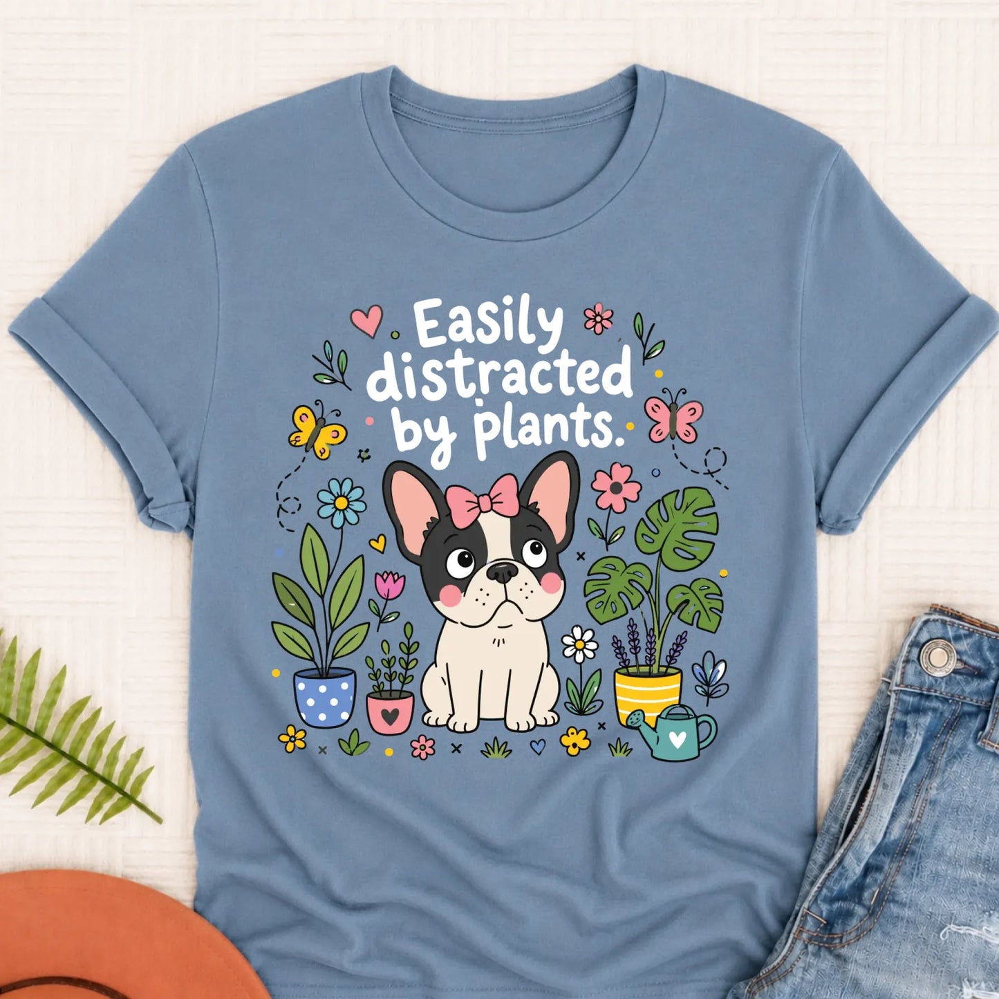 Custom French Bulldog Distracted Garden Unisex TShirt Blue Jean