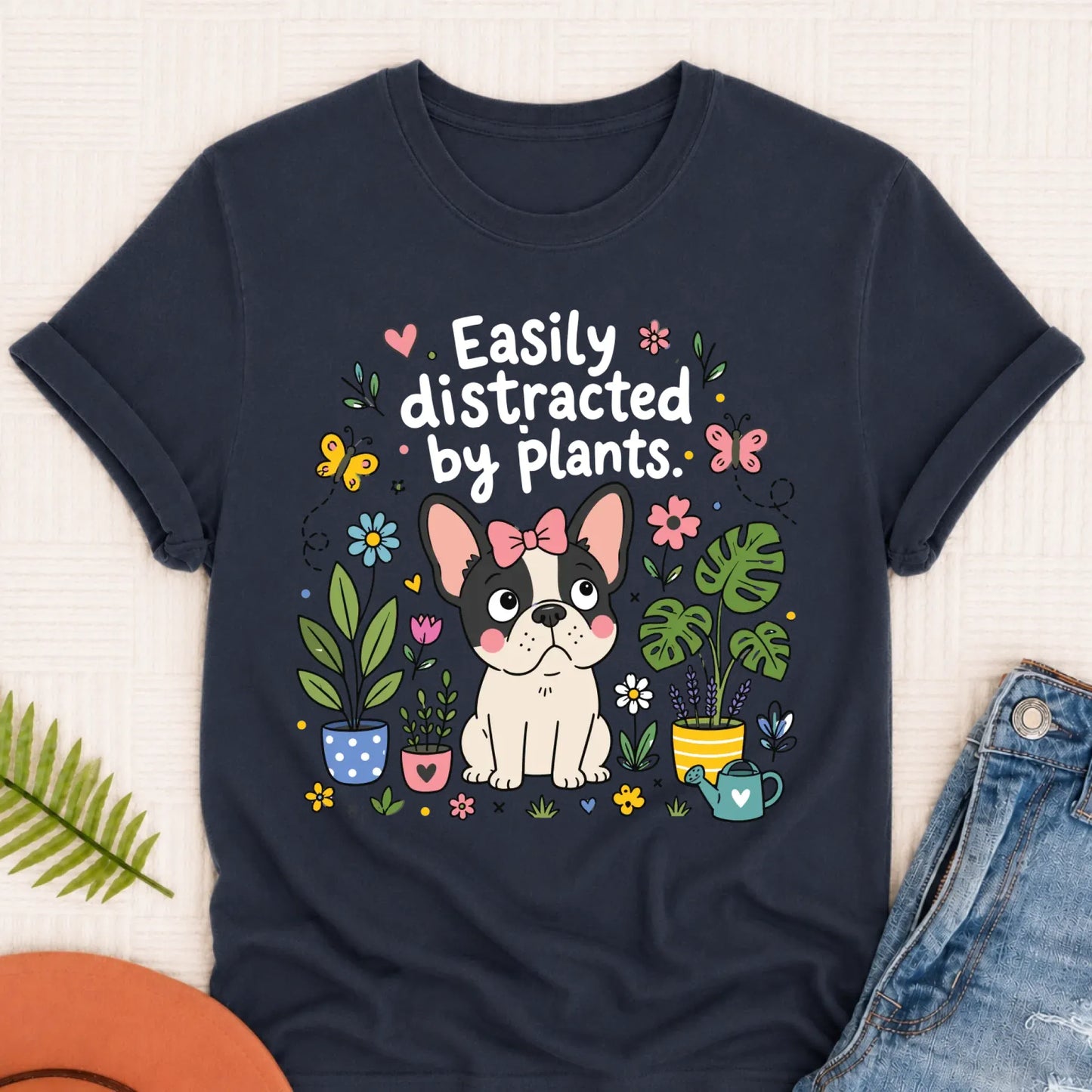 Custom French Bulldog Distracted Garden Unisex TShirt Navy