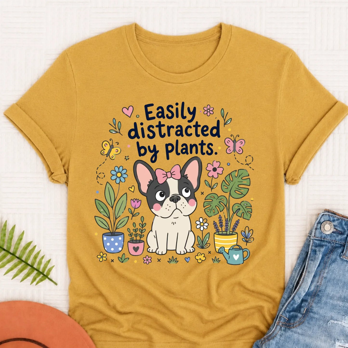 Custom French Bulldog Distracted Garden Unisex TShirt Mustard