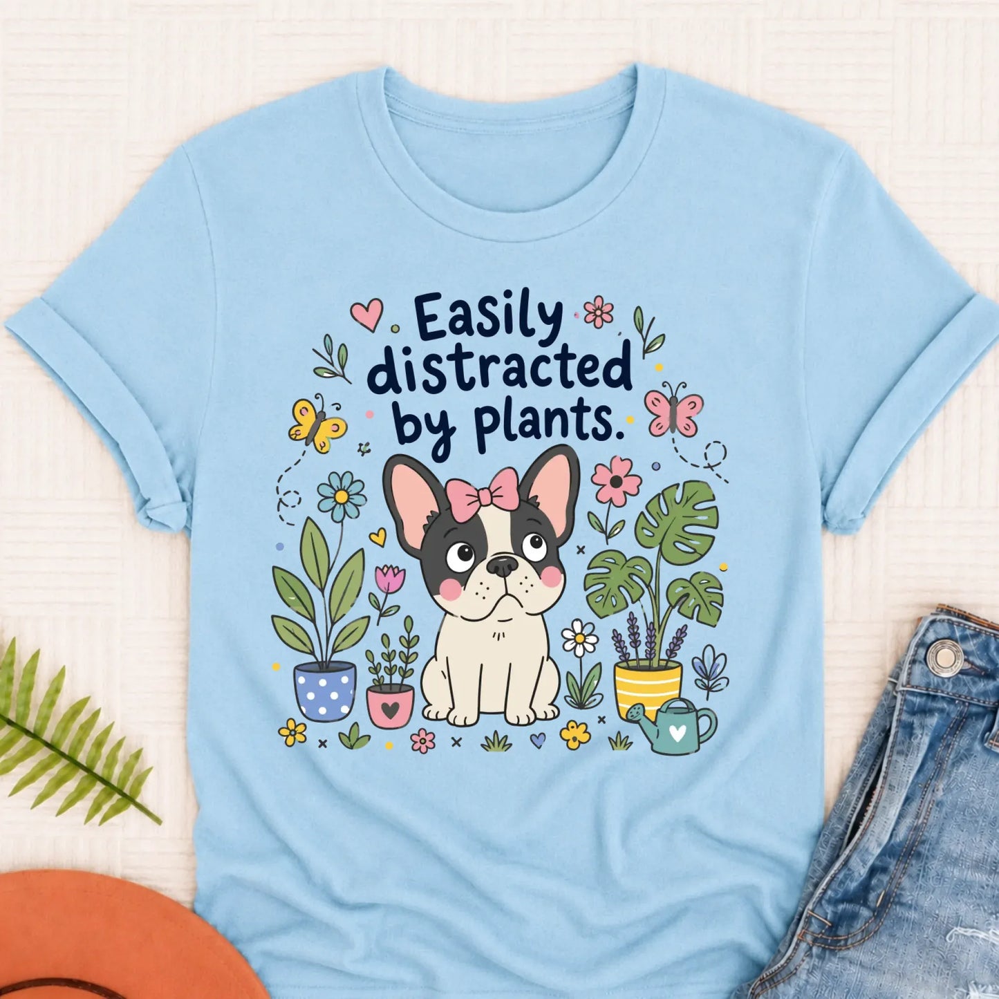 Custom French Bulldog Distracted Garden Unisex TShirt Chambray