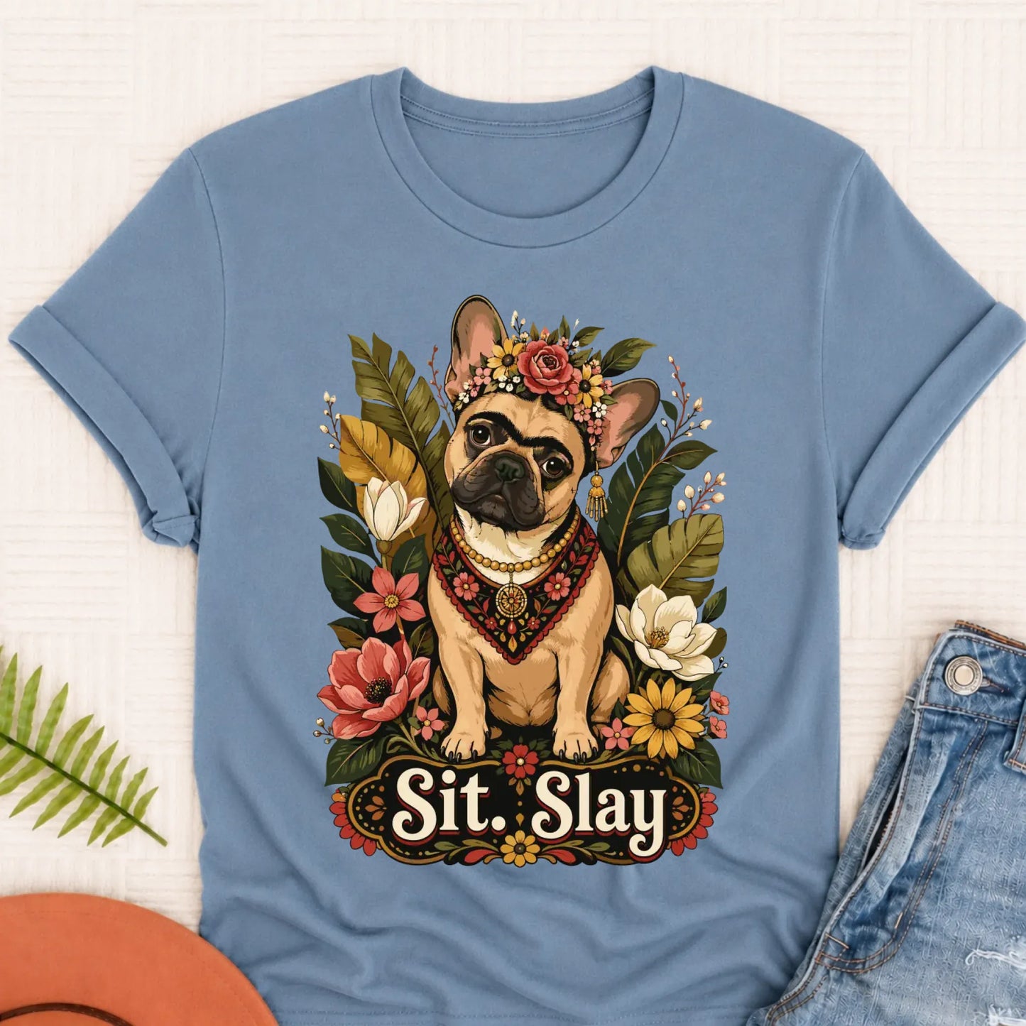 Custom French Bulldog Frida Kahlo Unisex Tshirt Blue Jean