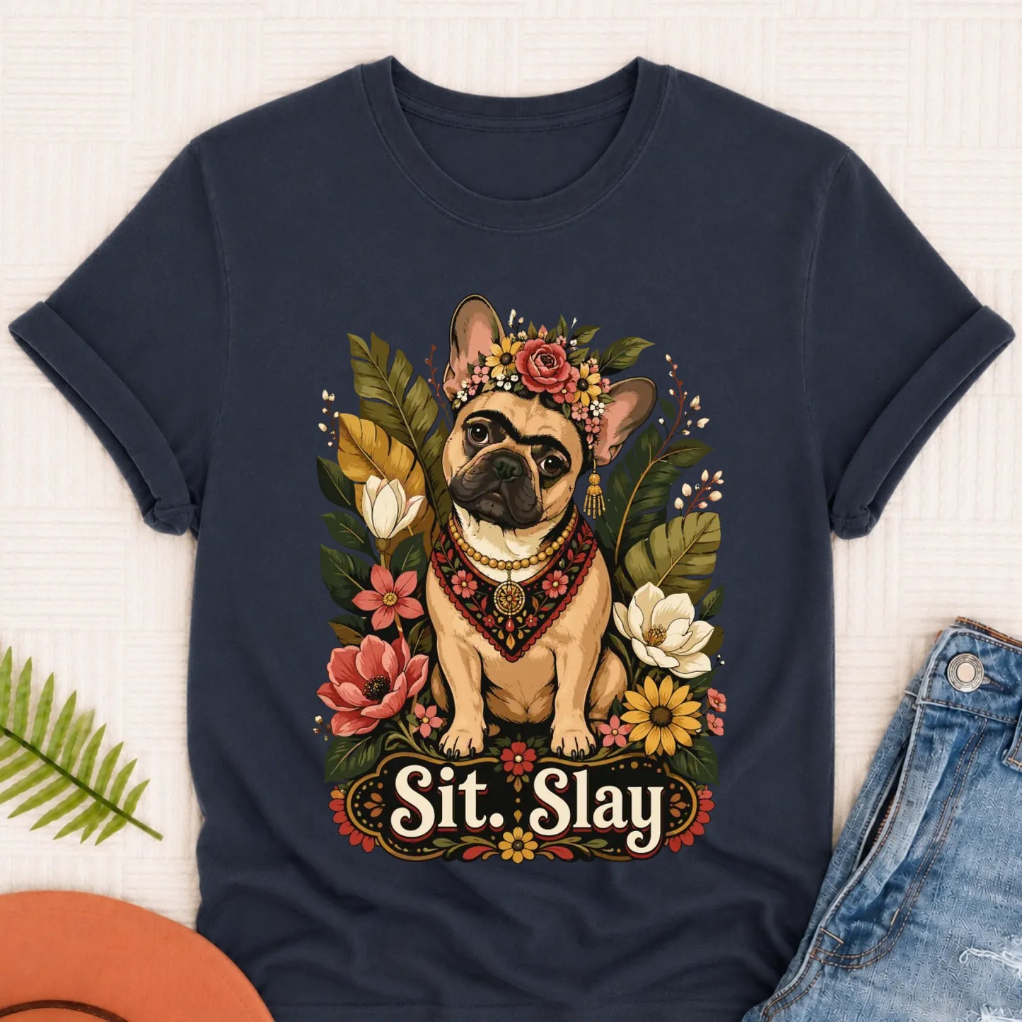 Custom French Bulldog Frida Kahlo Unisex Tshirt Navy