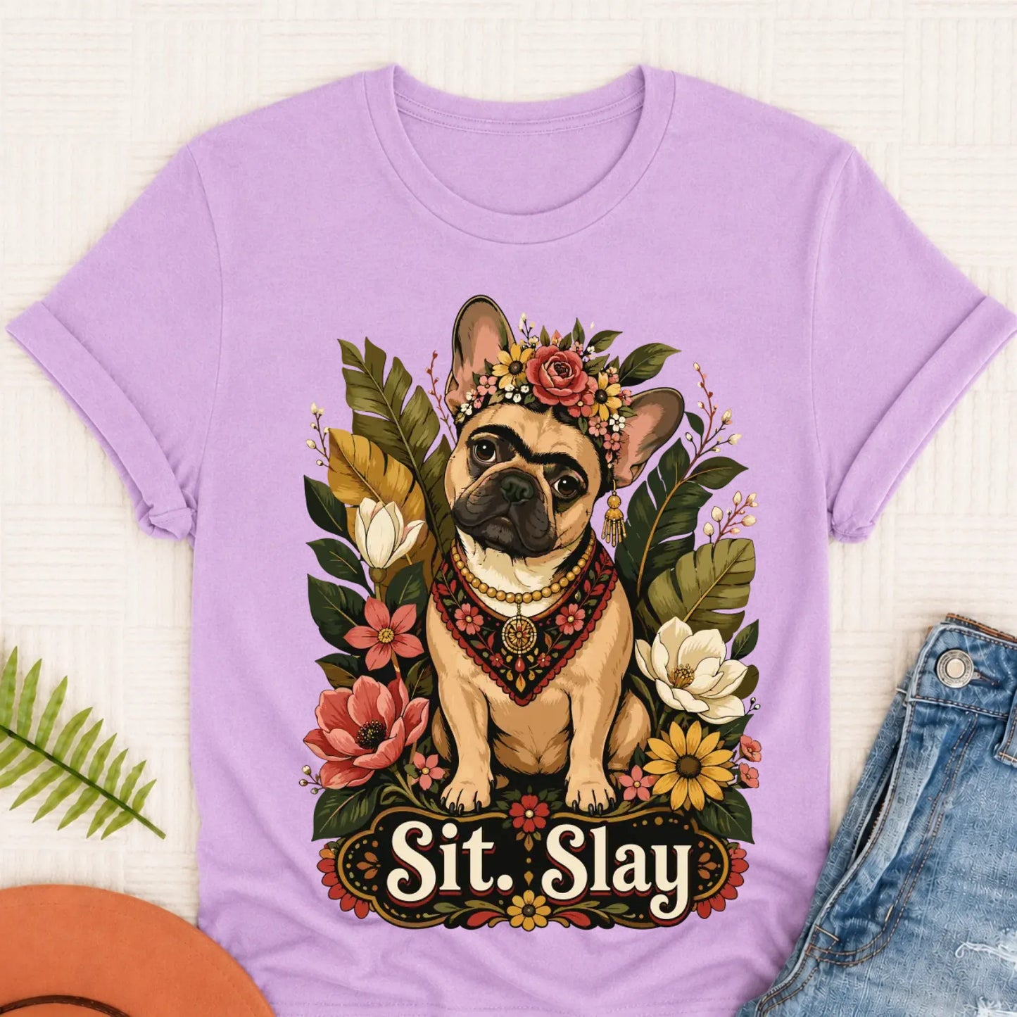 Custom French Bulldog Frida Kahlo Unisex Tshirt Orchid