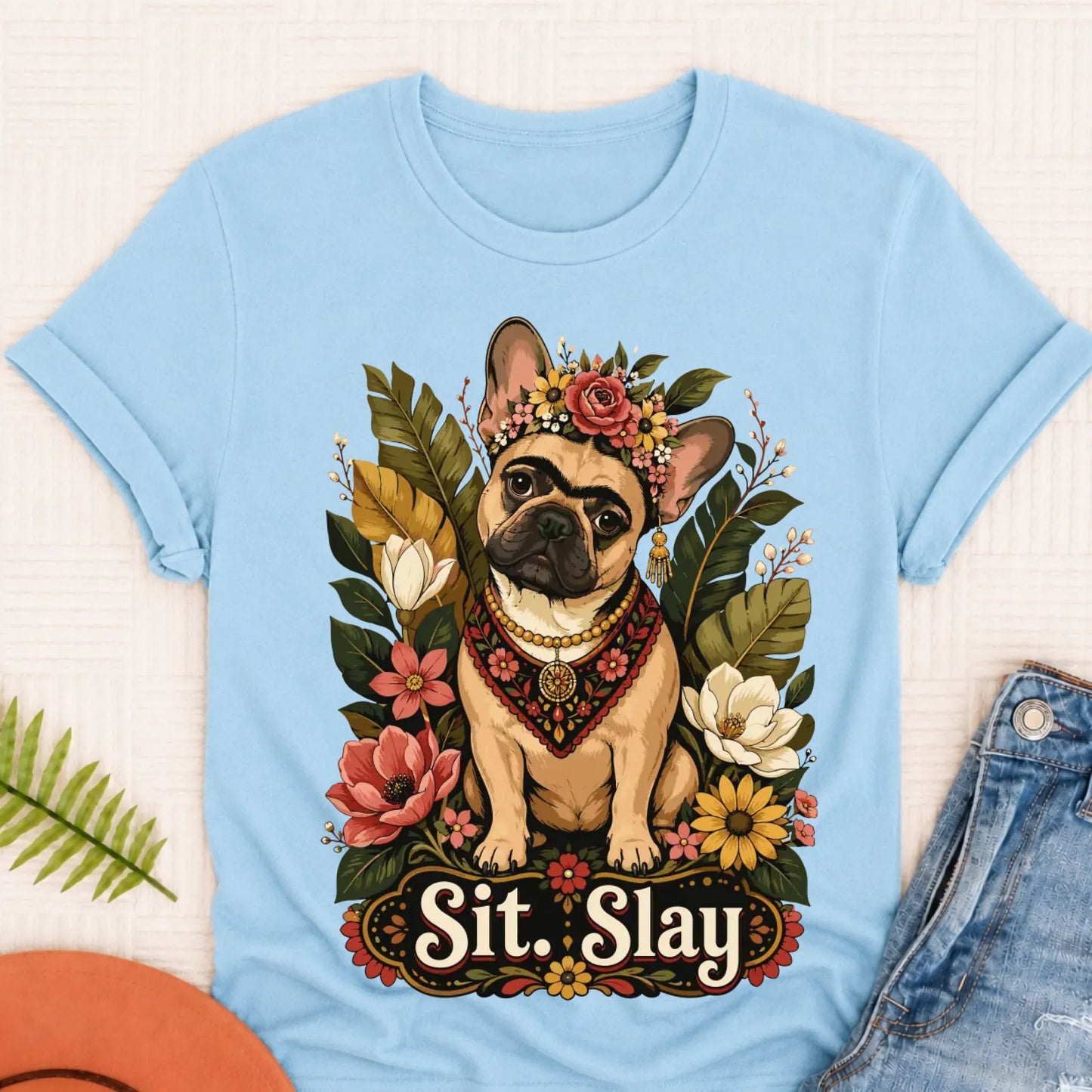 Custom French Bulldog Frida Kahlo Unisex Tshirt Chambray