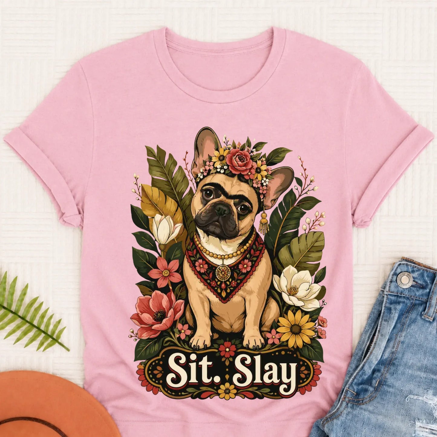 Custom French Bulldog Frida Kahlo Unisex Tshirt Blossom