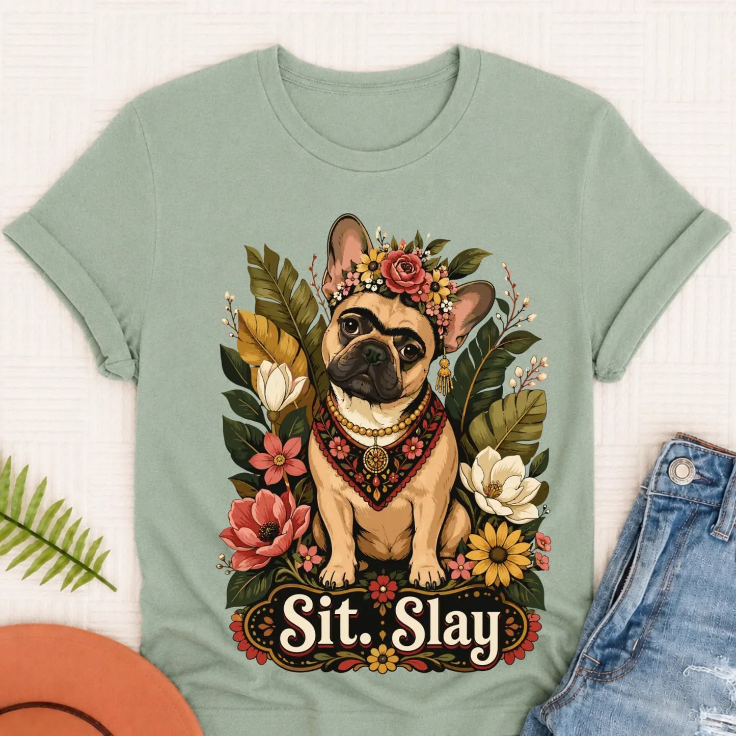 Custom French Bulldog Frida Kahlo Unisex Tshirt Bay