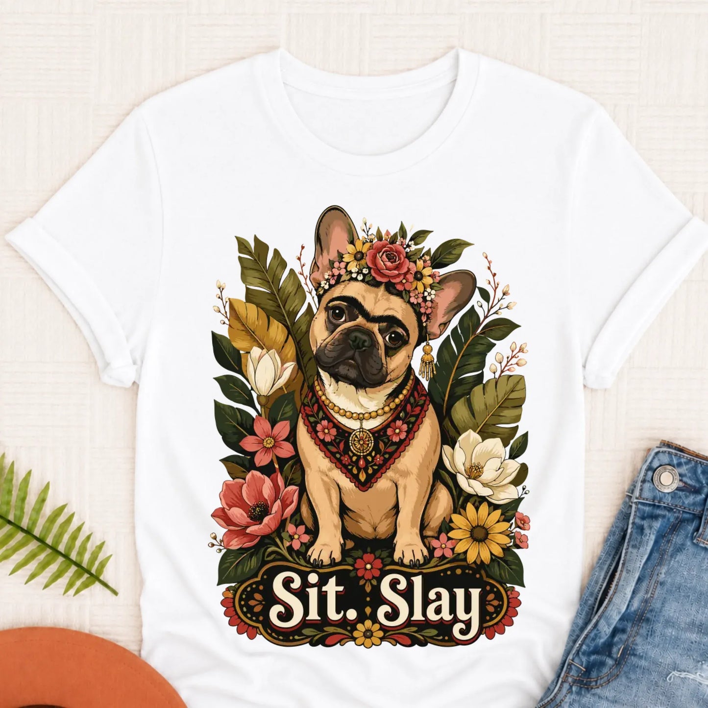 Custom French Bulldog Frida Kahlo Unisex Tshirt White