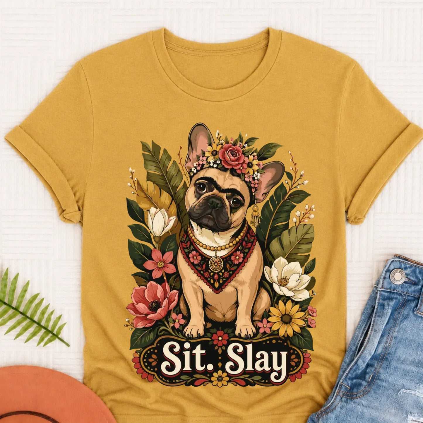 Custom French Bulldog Frida Kahlo Unisex Tshirt Mustard