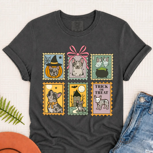 Custom French Bulldog Halloween Stamps Unisex TShirt Pepper