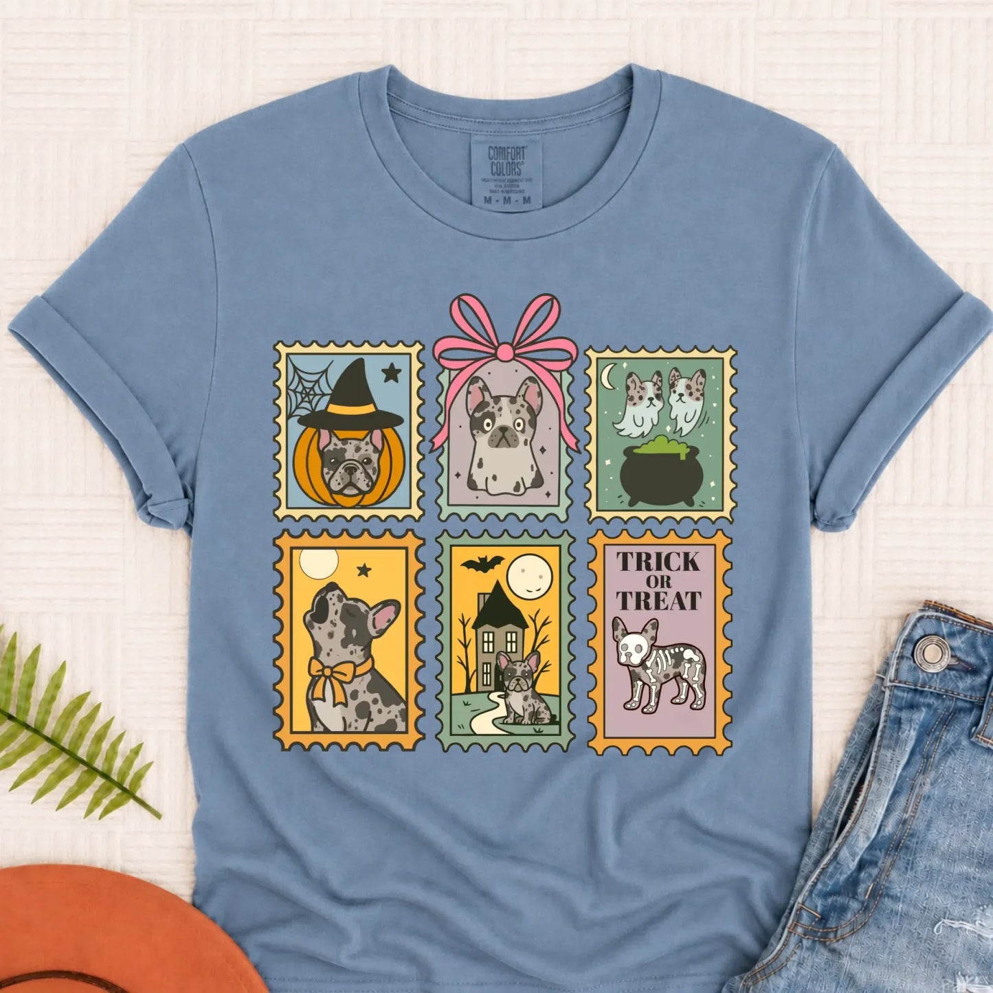 Custom French Bulldog Halloween Stamps Unisex TShirt Blue Jean