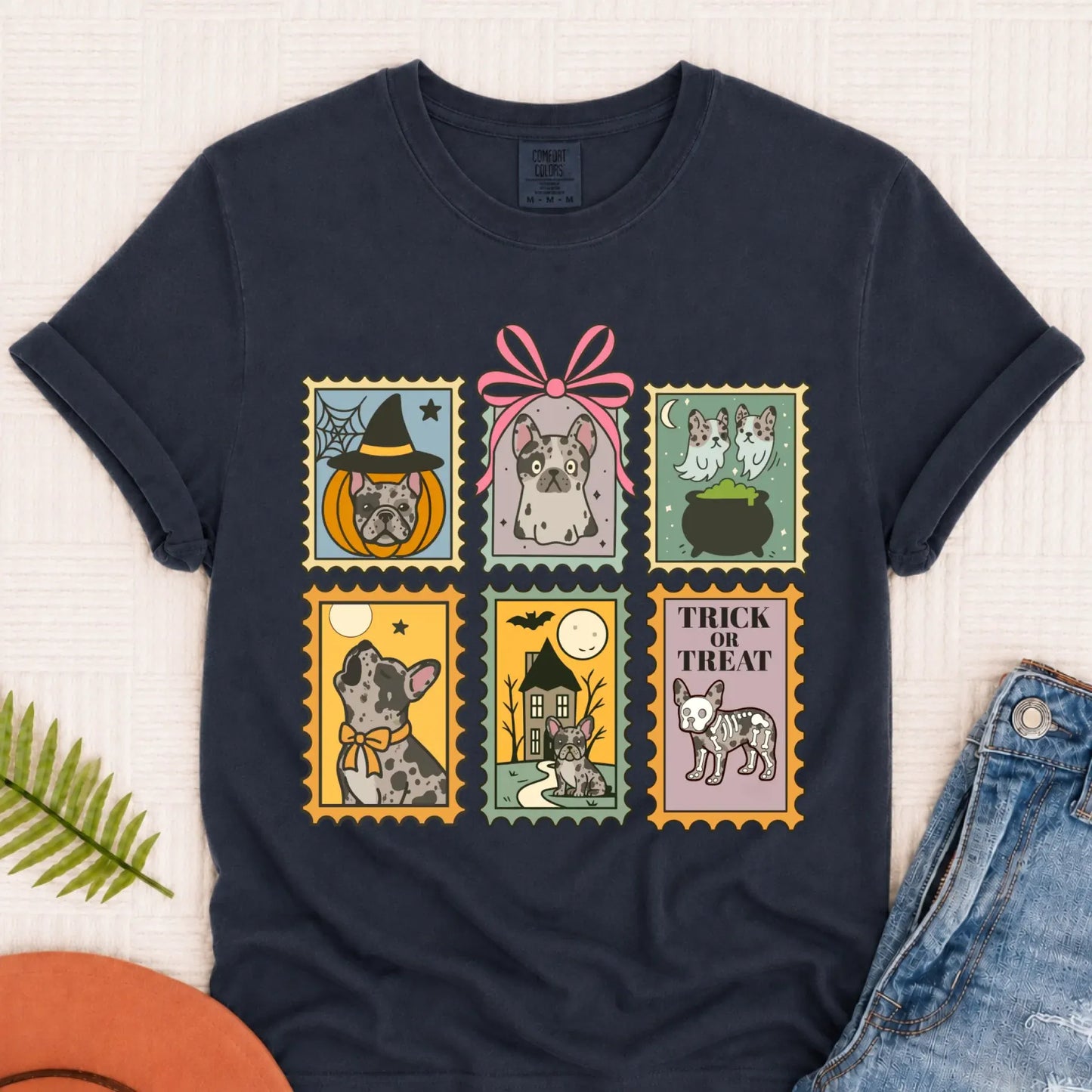 Custom French Bulldog Halloween Stamps Unisex TShirt Navy