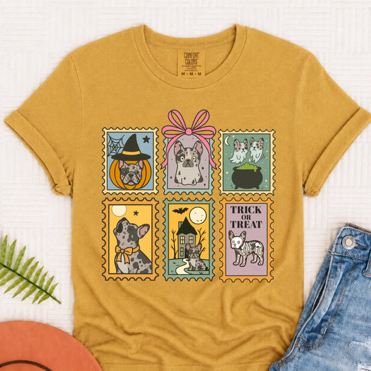 Custom French Bulldog Halloween Stamps Unisex TShirt Mustard