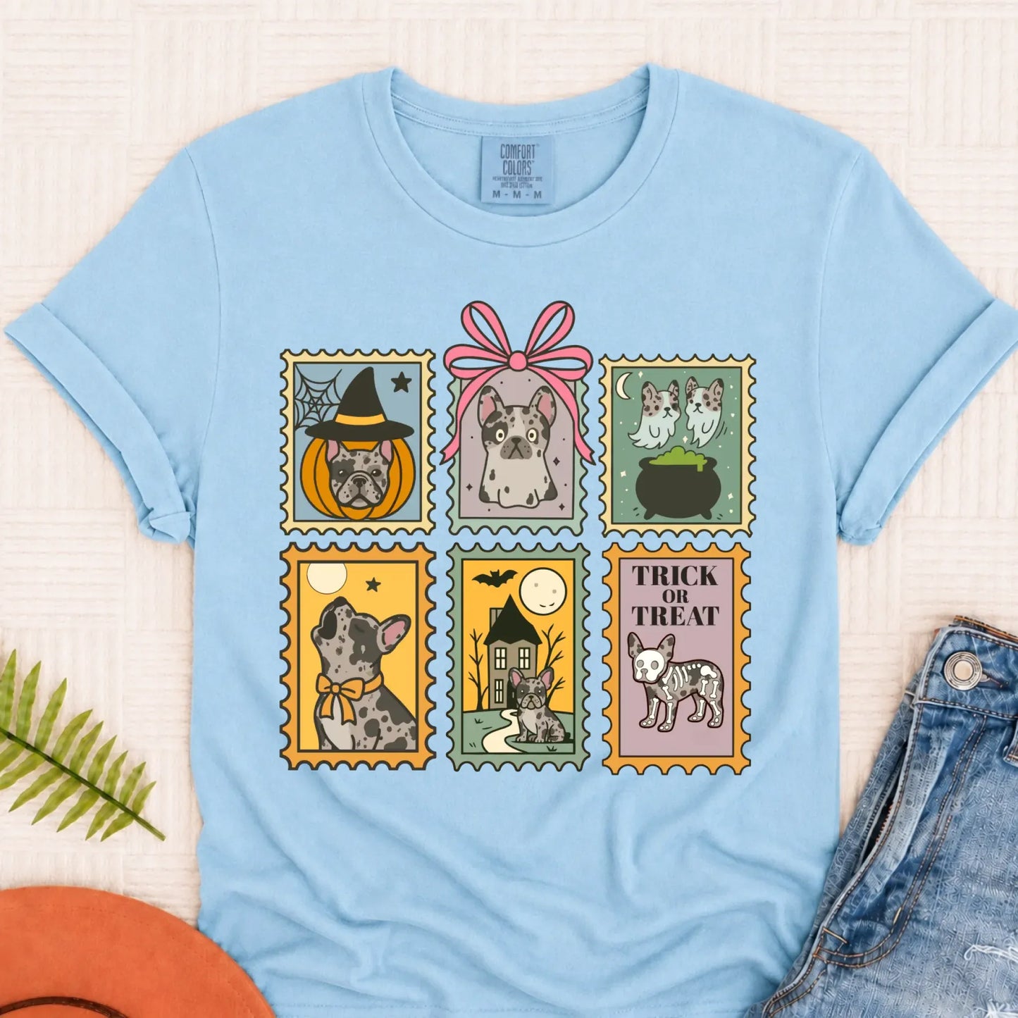 Custom French Bulldog Halloween Stamps Unisex TShirt Chambray