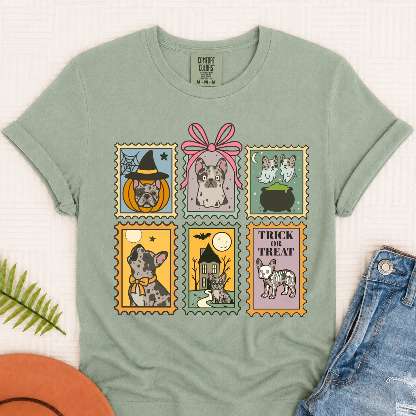 Custom French Bulldog Halloween Stamps Unisex TShirt Bay