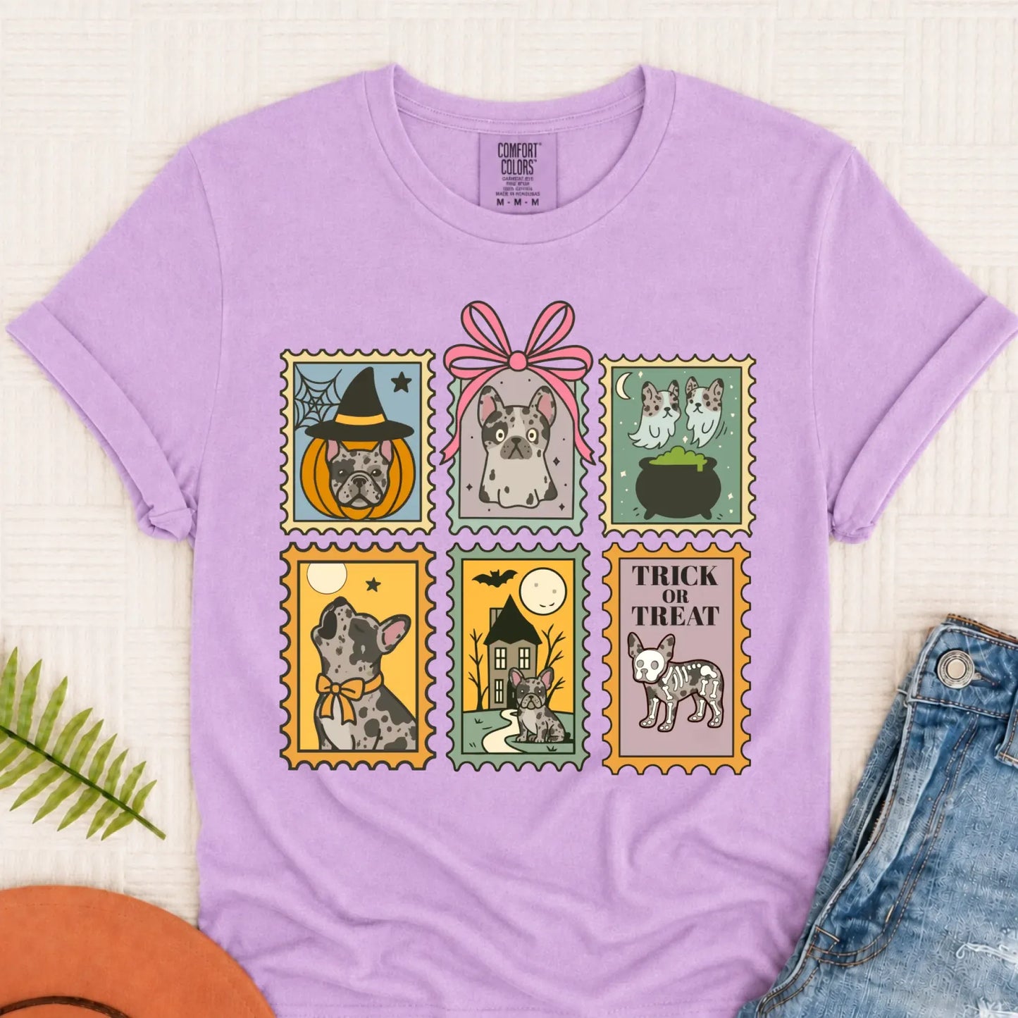 Custom French Bulldog Halloween Stamps Unisex TShirt Orchid