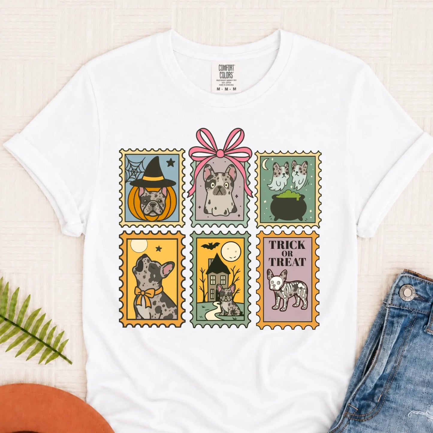 Custom French Bulldog Halloween Stamps Unisex TShirt White