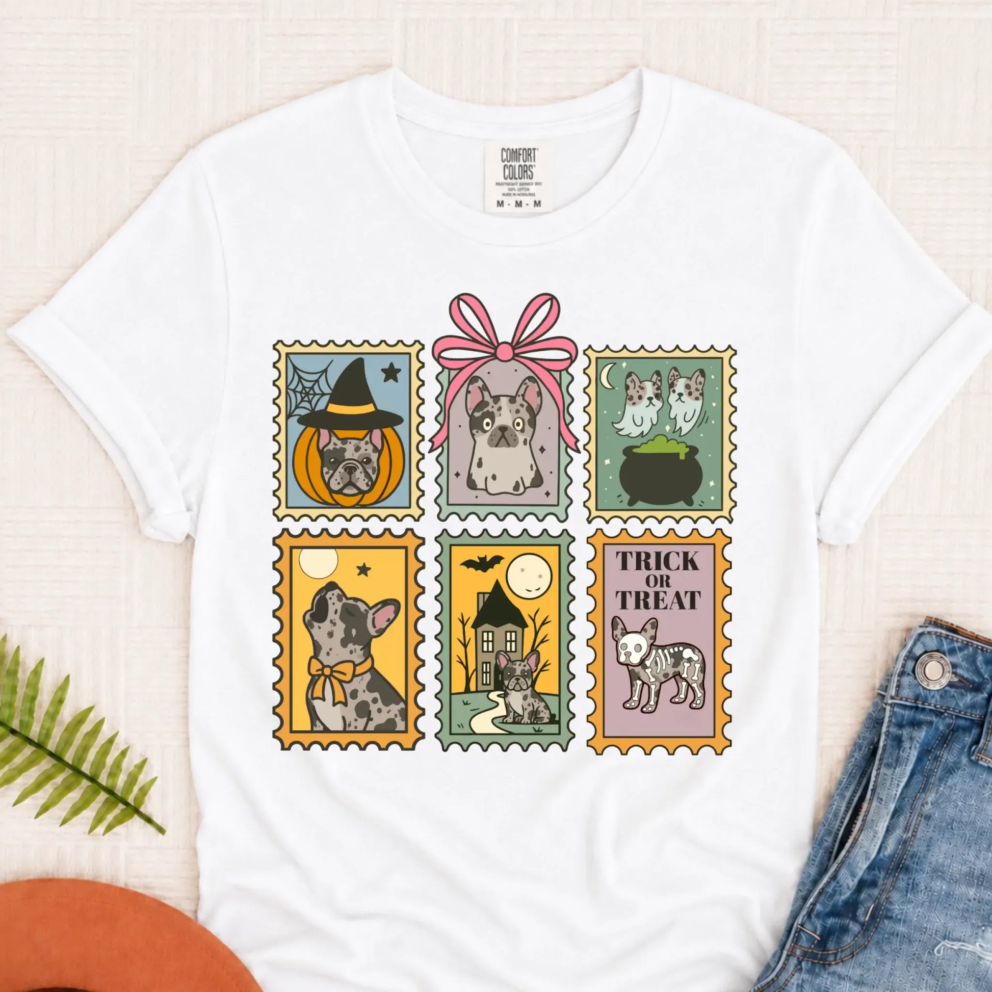 Custom French Bulldog Halloween Stamps Unisex TShirt White