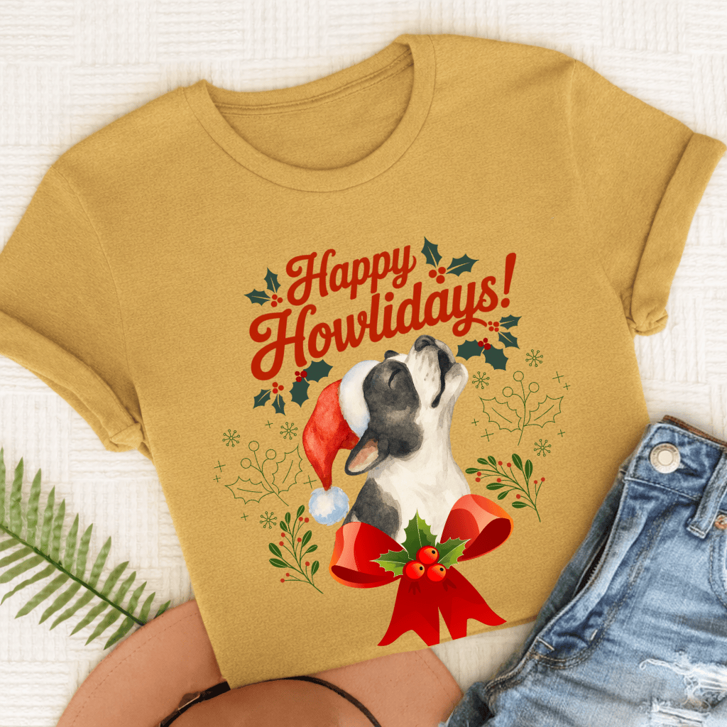 Custom French Bulldog Howlidays Unisex TShirt Mustard