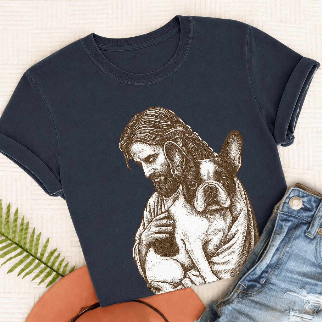 Custom French Bulldog Jesus Unisex TShirt True Navy
